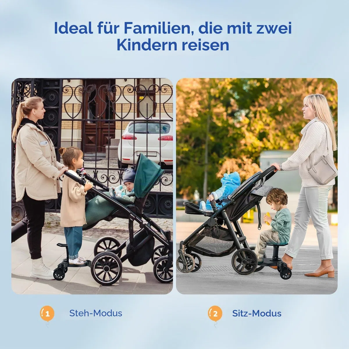 Buggy Board mit Sitz, Trittbrett für Kinderwagen Universal, Buggy Board für Alle Kinderwagen, mit Kinderwagen Organizer und Aufhängegurt, Kiddy Board für Kinder von 2 bis 6 Jahren (25 KG)