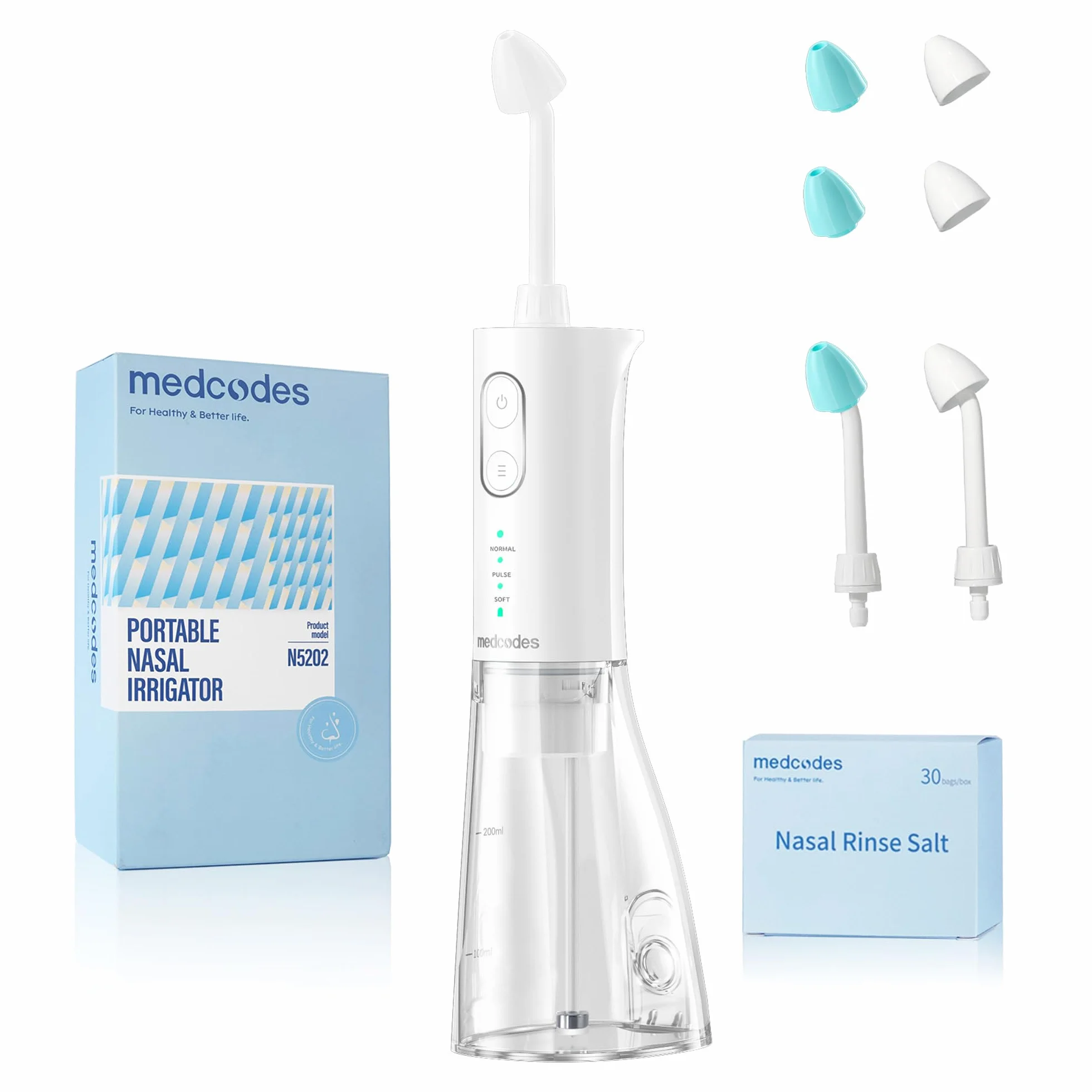 Nasendusche Set, Elektrischer Neti Pot, kabelloses Nasenspülsystem, Nasendusche für Erwachsene zur Nasenreinigung und Nasenspülung, 300 ml, mit 30 Nasenwasch-Salzpaketen