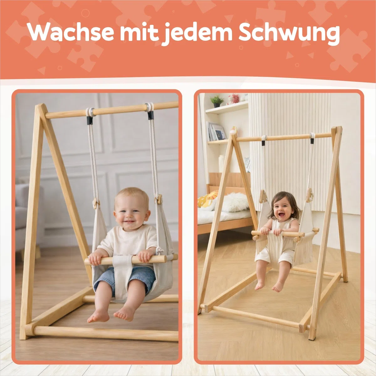 Holz Babyschaukel mit klappbarem Schaukelsitz, Babyschaukelstuhl & Baby Swing aus Kiefernholz, Holzspielzeug für Babys, Indoor & Outdoor Kinderschaukel für drinnen und draußen, sicherer Babysitz
