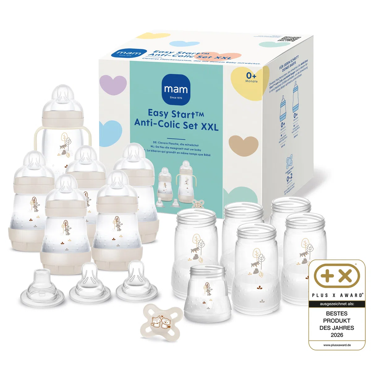 MAM Easy Start Anti-Colic Babyflaschen Set XXL | mitwachsende Baby Erstausstattung mit Schnuller | Flaschen, Sauger und mehr | Baby Geschenk Set | ab Geburt | beige