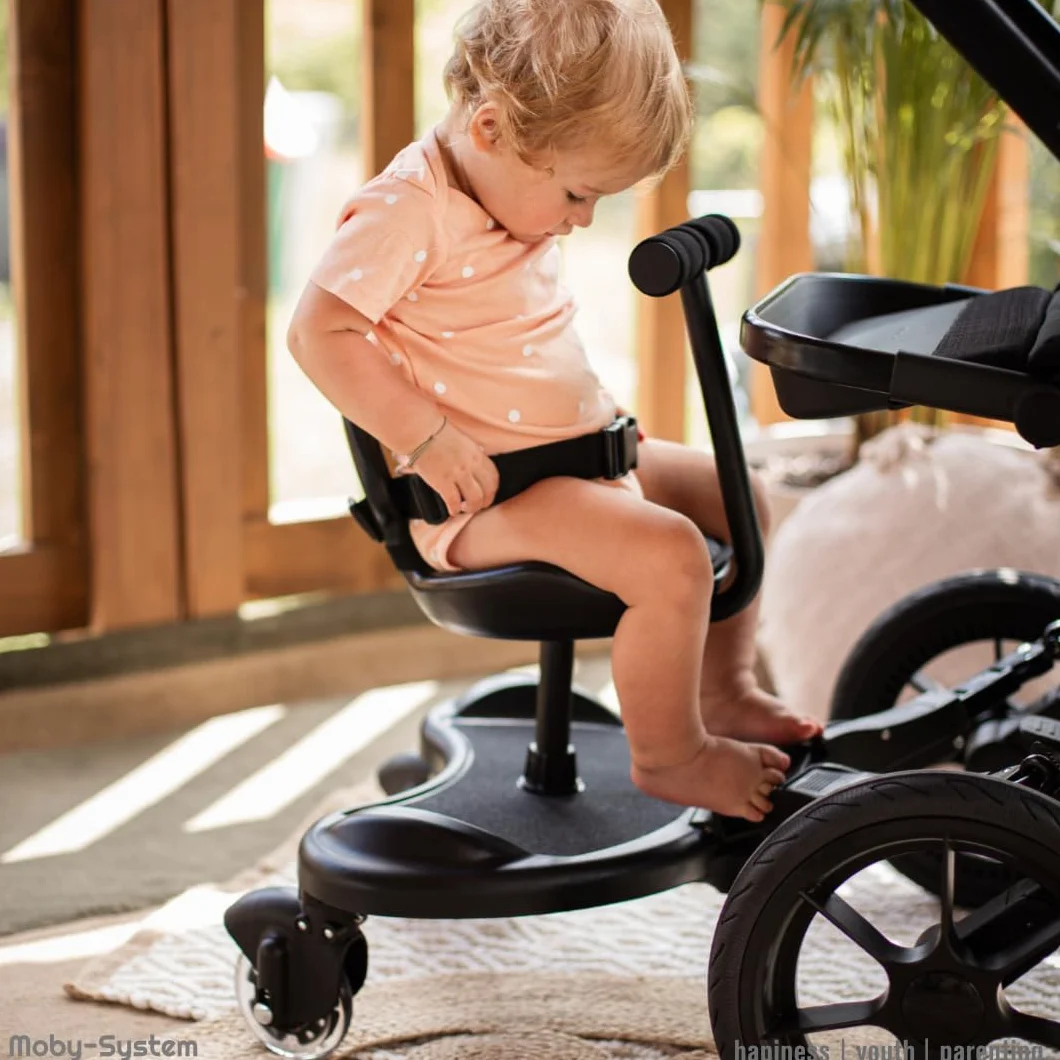 Moby-System, Board mit Sitz für Rollstühle mit Sitz Universelle Plattform für ältere Kinder, Leuchtende LED-Räder mit Stoßdämpfung passend für jeden Kinderwagen