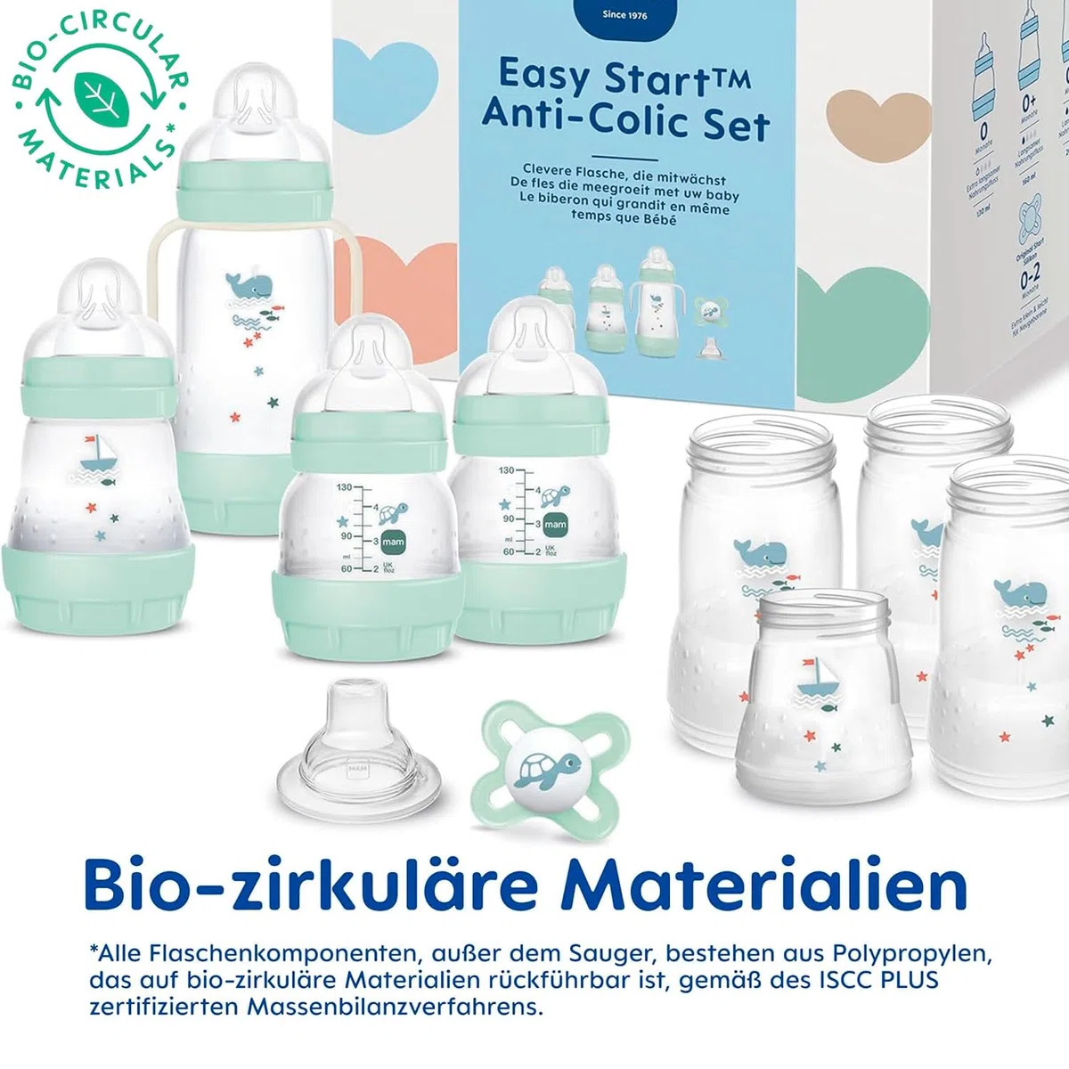 MAM EasyStart Anti-Colic Babyflaschen Set, Bodenventil gegen Koliken, mitwachsend, selbst-sterilisierend, Farbe: blau-creme