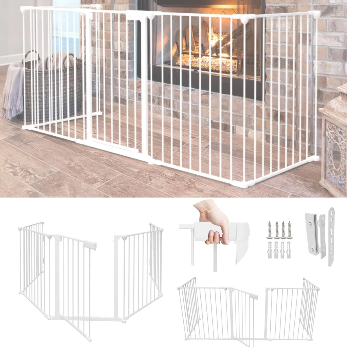 Kaminschutzgitter mit Tür 310cm, Metall Ofenschutzgitter, Kinderschutzgitter 5-Elementen (75x60 cm), Kamingitter Türschutzgitter Tierschutzgitter für Kinder und Haustiere, Weiß