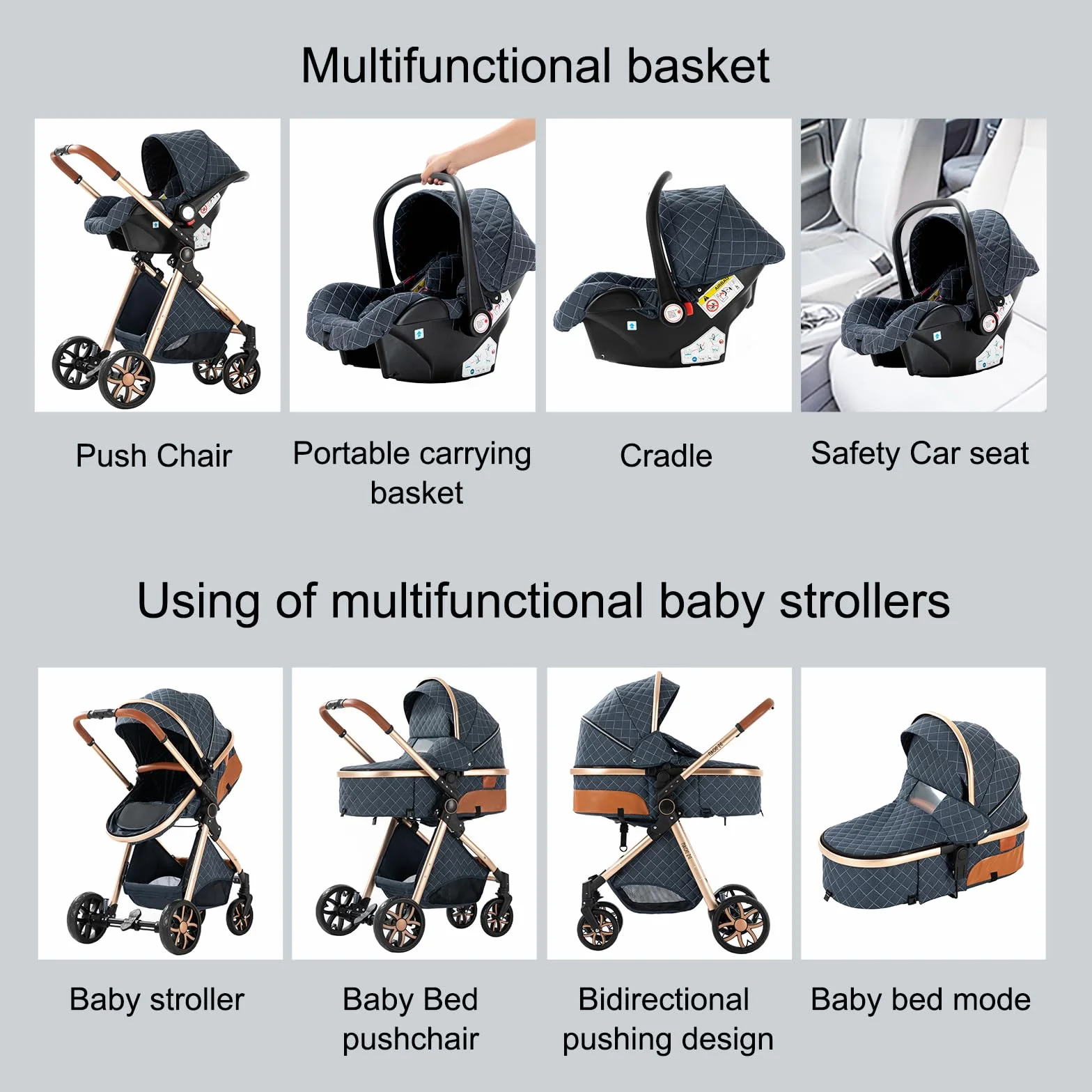Kinderwagen 3 in 1, Buggy mit Zwei Umkehrbaren Schiebemodi, Kinderwagen mit Rahmen Aluminiumlegierung, Kinderwagen 3 in 1 Komplettset mit Ein-Klick-Faltdesign Hohe Landschaft (V9 CreamyWhite)