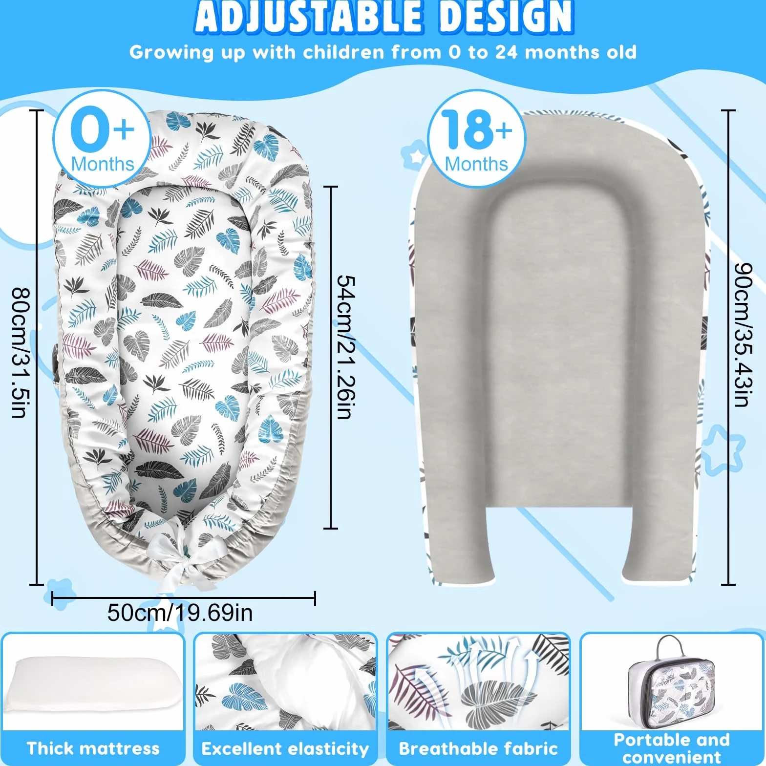 Babynestchen Neugeborene, Nestchen Baby 90x50 cm, Weich Und Bequem, 100% Baumwolle, Zweiseitiges Babybett, Tragbares Babynest mit Tragegriff, für Jungen Und Mädchen Von 0 Bis 24 Monaten