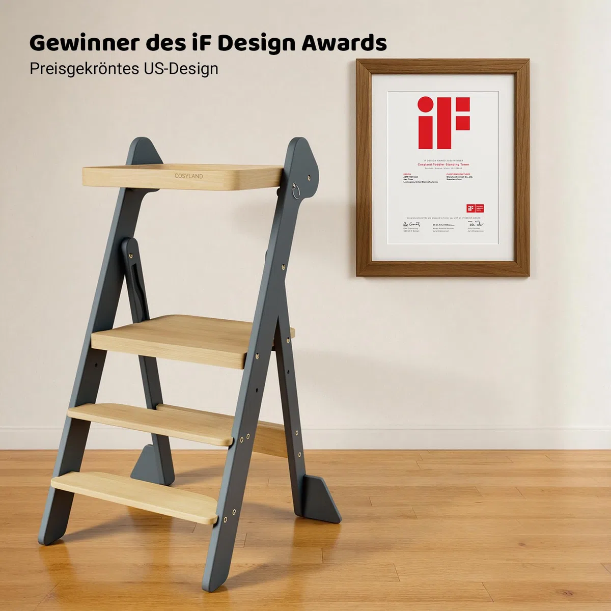 COSYLAND Lernturm ab 1 Jahr klappbar – iF Design Award Gewinner, höhenverstellbarer Lernturm mit Sicherheitsnetz, Montessori Learning Tower/Lernstuhl für Kinder, Holz (Schieferblau & Natur)