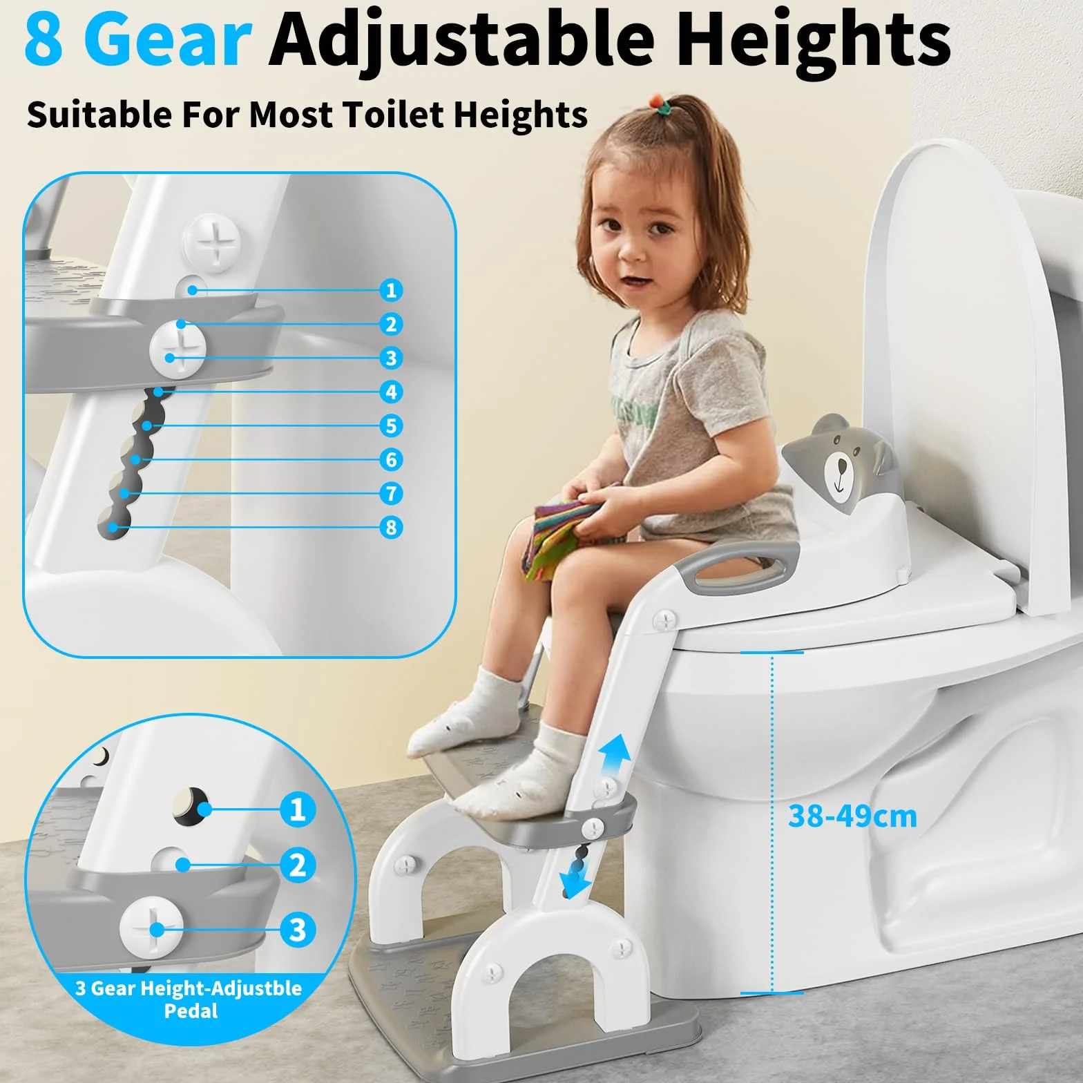 Toilettensitz Kinder mit Treppe, Upgraded WC Aufsatz für Kinder für Jungen und Mädchen, 2-in-1 Toilettentrainer mit Treppe, Höhenverstellbar Bequemer Sicherer Toilettensitze, Tritthocker für Kinder