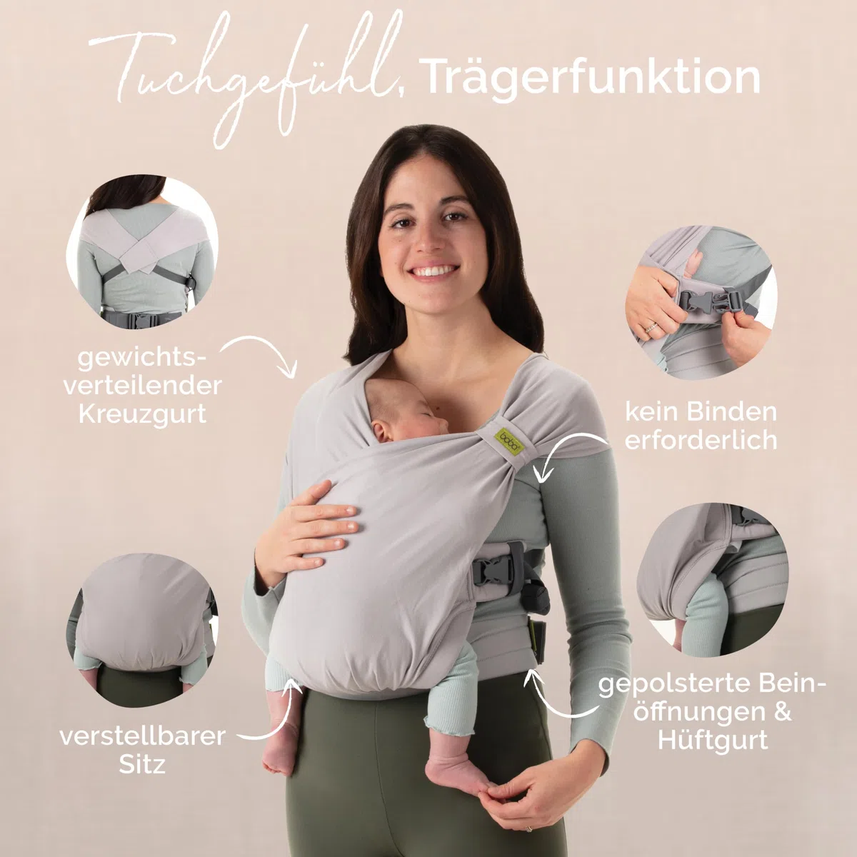 Boba Bliss Babytrage Neugeborene ab Geburt bis 16 kg - 2-in-1 Baby Carrier & Baby Tragetuch Ohne Binden & Knoten, Hüftfreundliche Babytrage ab Geburt, Weiche & elastische Baby Trage (Grau)