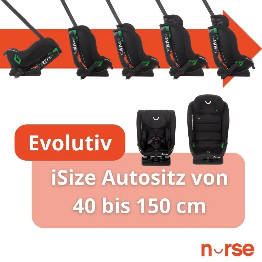 Nurse Traffic Kindersitz i-Size 40-150 cm, 0-12 Jahre, Ohne Isofix, Rückwärtsgerichtet, Verstellbar, mit Neugeboreneneinsatz, Gurtinstallation, Grau