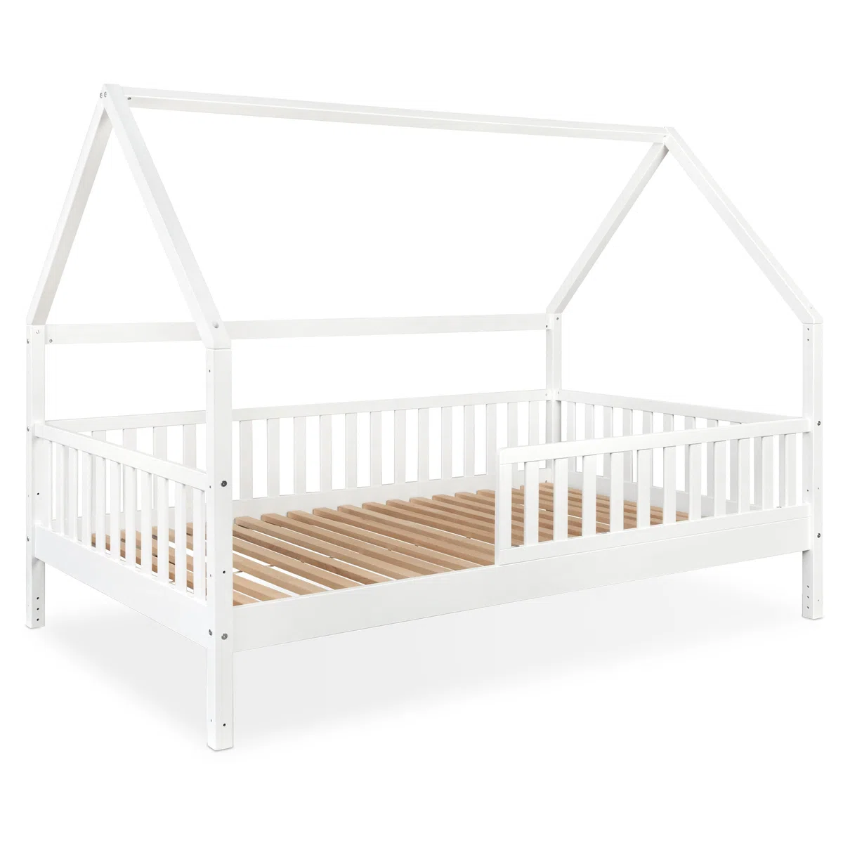 Ehrenkind® Hausbett Buche Livo | FSC Zertifiziert | Kinderbett mit Rausfallschutz | höhenverstellbar Massivholz | Kinder Bett | Hausbett 120x200 cm | weiß