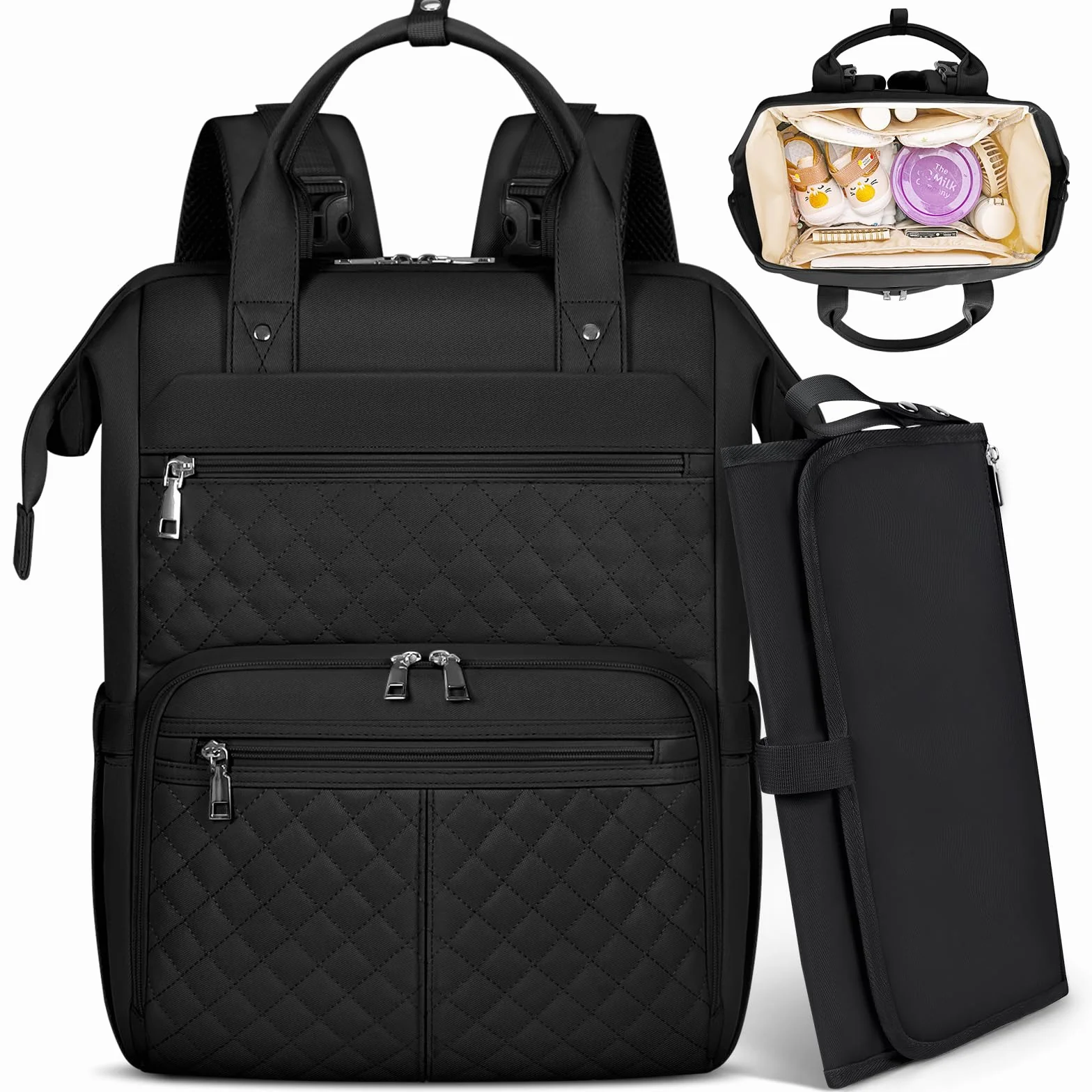 RAINSMORE Baby Wickelrucksack Groß mit Mobiler Wickelauflage Multifunktions Wickeltasche Kinderwagen Rucksack Wasserabweisend Babytasche Diaper Bag für Mama und Papa Schwarz