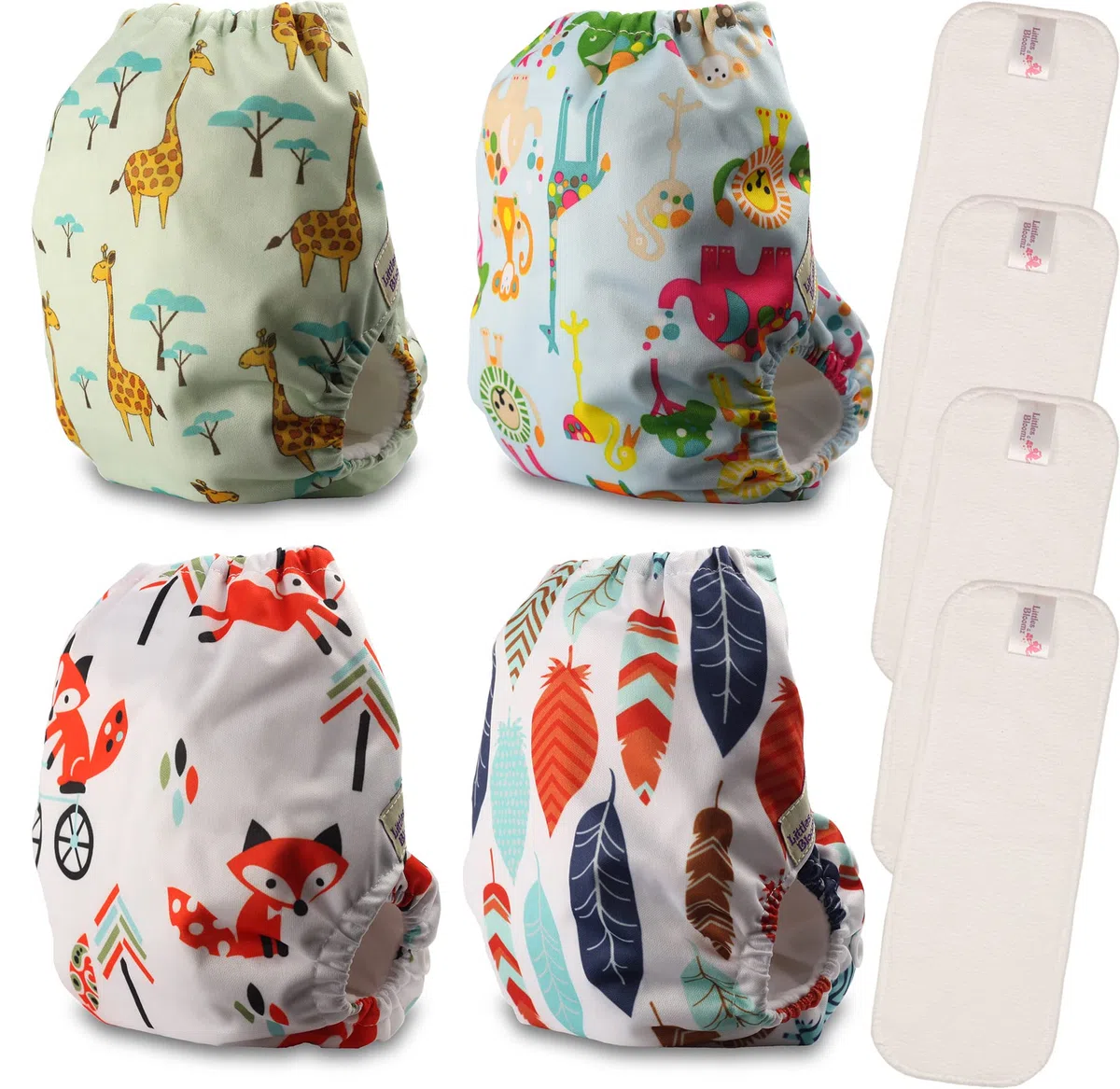Littles & Bloomz Wiederverwendbare Windeln für Neugeborene und Frühgeborene, 4 Windeln, 4 Mikrofaser-Einsätze, NB-403MF4