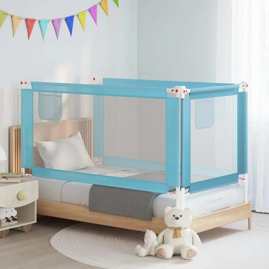 Kleinkind Bettschutzgitter Blau 160x25 cm Stoff mit höhenverstellbarer Bettbarriere, Rausfallschutz und Seitenschutz für Kinderbett, Babysicherheit und Absturzsicherung im Schlafzimmer