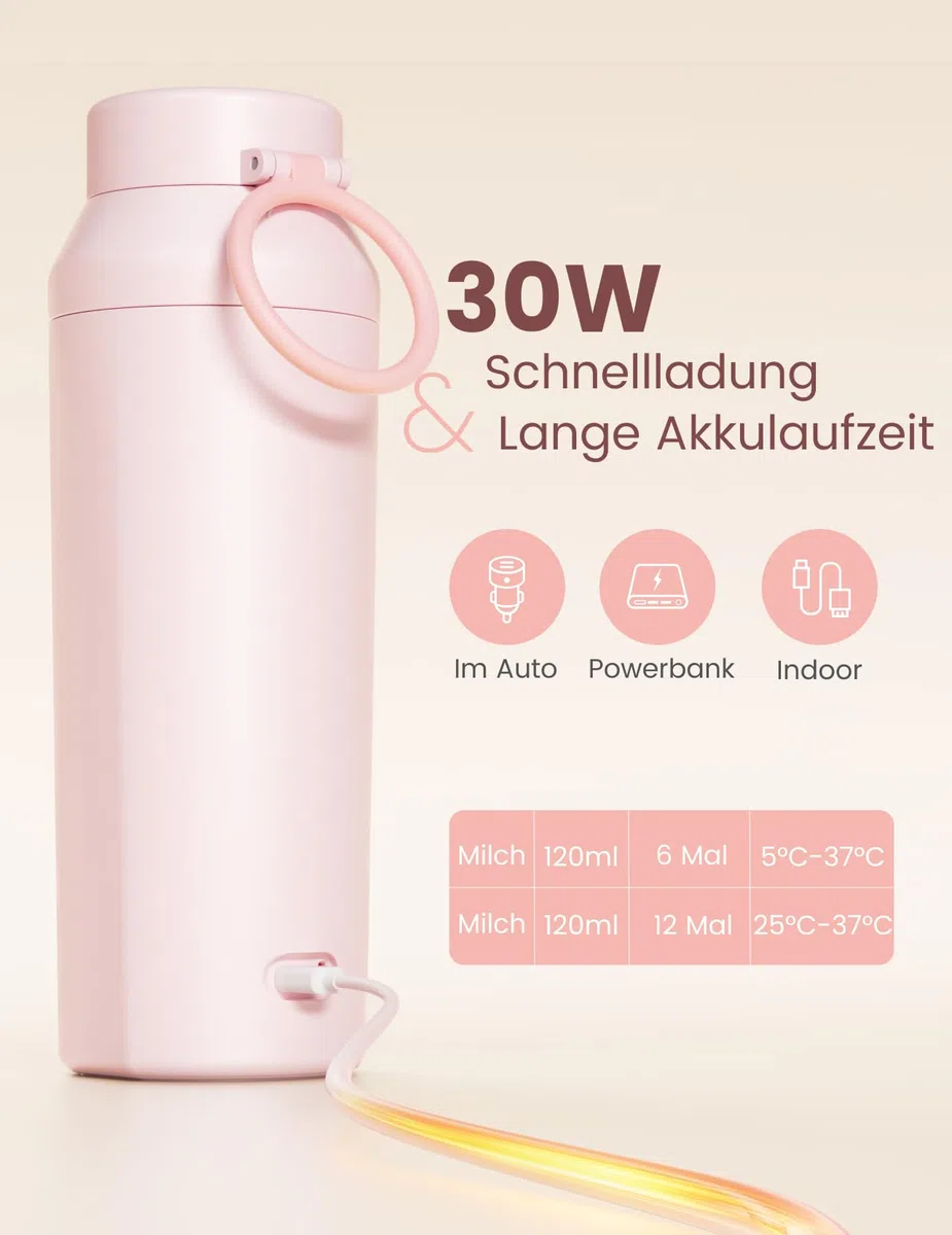 Paruu Tragbarer Flaschenwärmer Baby Unterwegs, Schnellaufheizen in 2 Min, Leicht zu Reinigende Weite Öffnung, 7-Stufige Temperaturregelung, 30W-Schnellladung, 350ml Kapazität, Rosa
