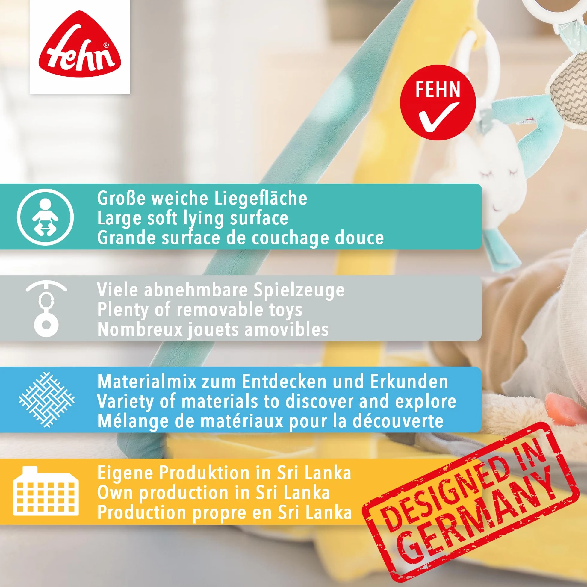 Fehn 3-D-Activity-Decke Spielbogen Rainbow – Baby Krabbeldecke mit 5 abnehmbaren Spielzeugen zum Greifen – Spieldecke für Babys und Kinder ab 0+ Monaten – Krabbelmatte als Geschenk zur Geburt