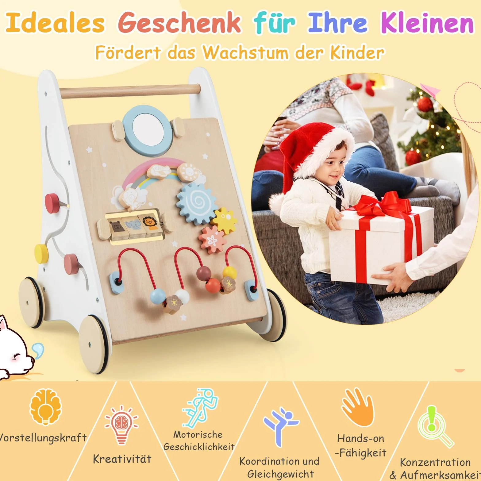COSTWAY Lauflernhilfe aus Holz, 7 in 1 Lauflernwagen mit Spielbrett, Spiegel & Bauklötzen, Laufwagen zum Schieben mit Aufbewahrungsbox, Laufhilfe Baby ab 1 Jahr (Weiß + Natur)