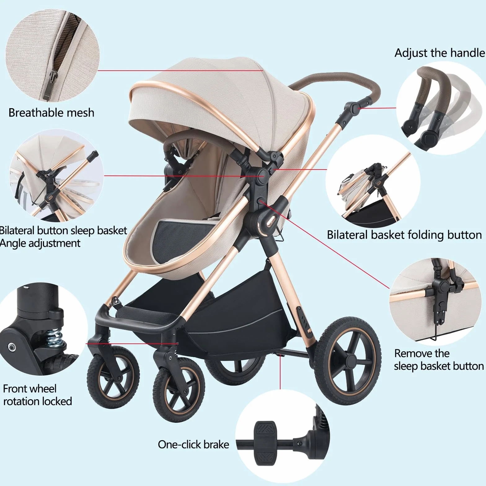 BEBBY 3-in-1 Kinderwagen Kombi-Set faltbar Luxus Neugeborenes Travel System (D2-RICEWHITE, H2-D)