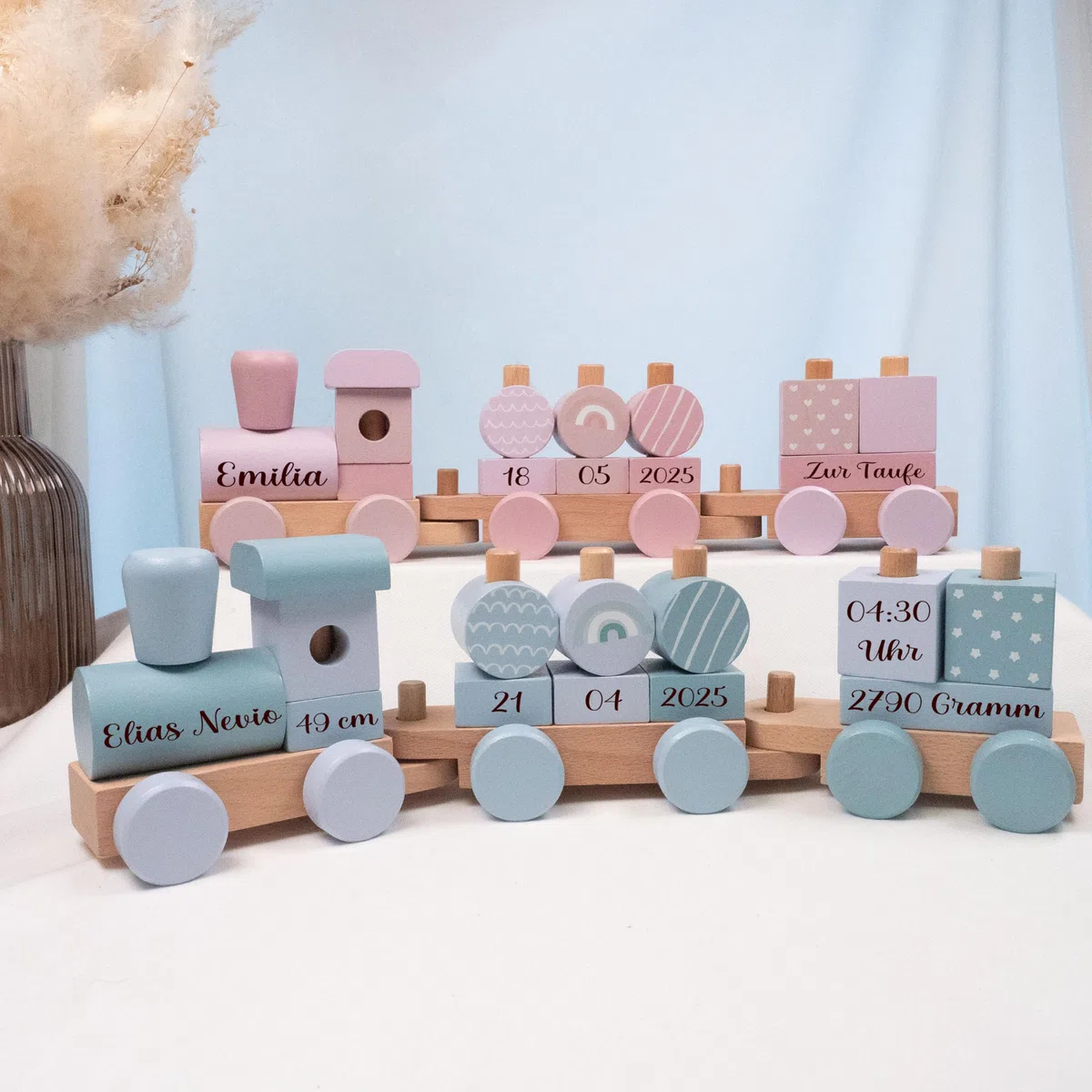 personalisierte Geschenke Baby Holz Eisenbahn REGENBOGEN als Babygeschenk zur Geburt Junge + Mädchen Holz Zug mit Name und Datum personalisierbar mit Gravur