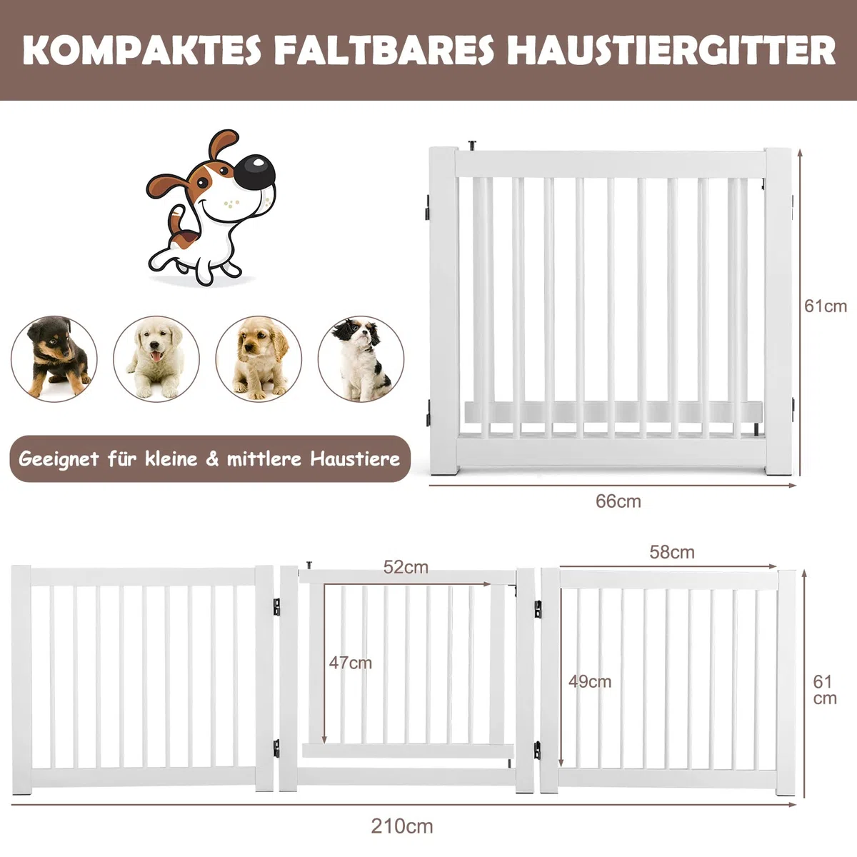 COSTWAY 3-teiliges Absperrgitter Hunde, Freistehendes Hundegitter mit Tür, 61cm hoch, Schutzgitter Holz, Treppengitter Kindergitter klappbar, Hundeabsperrgitter für Kamin & Treppe (Weiß)