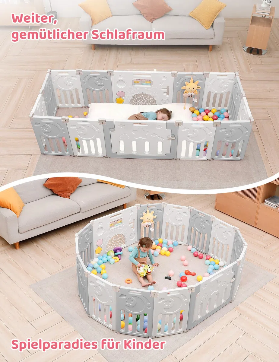 Dripex Laufstall Baby Faltbar, for Baby & Toddlers Kleinkinderzimmer, Möbel | Großes Laufgitter Baby mit verstellbarer Form,Erweiterbar mit Tür und Spielbrett für Innen/Außen,14 Panels/150x150cm/GrauWeiß