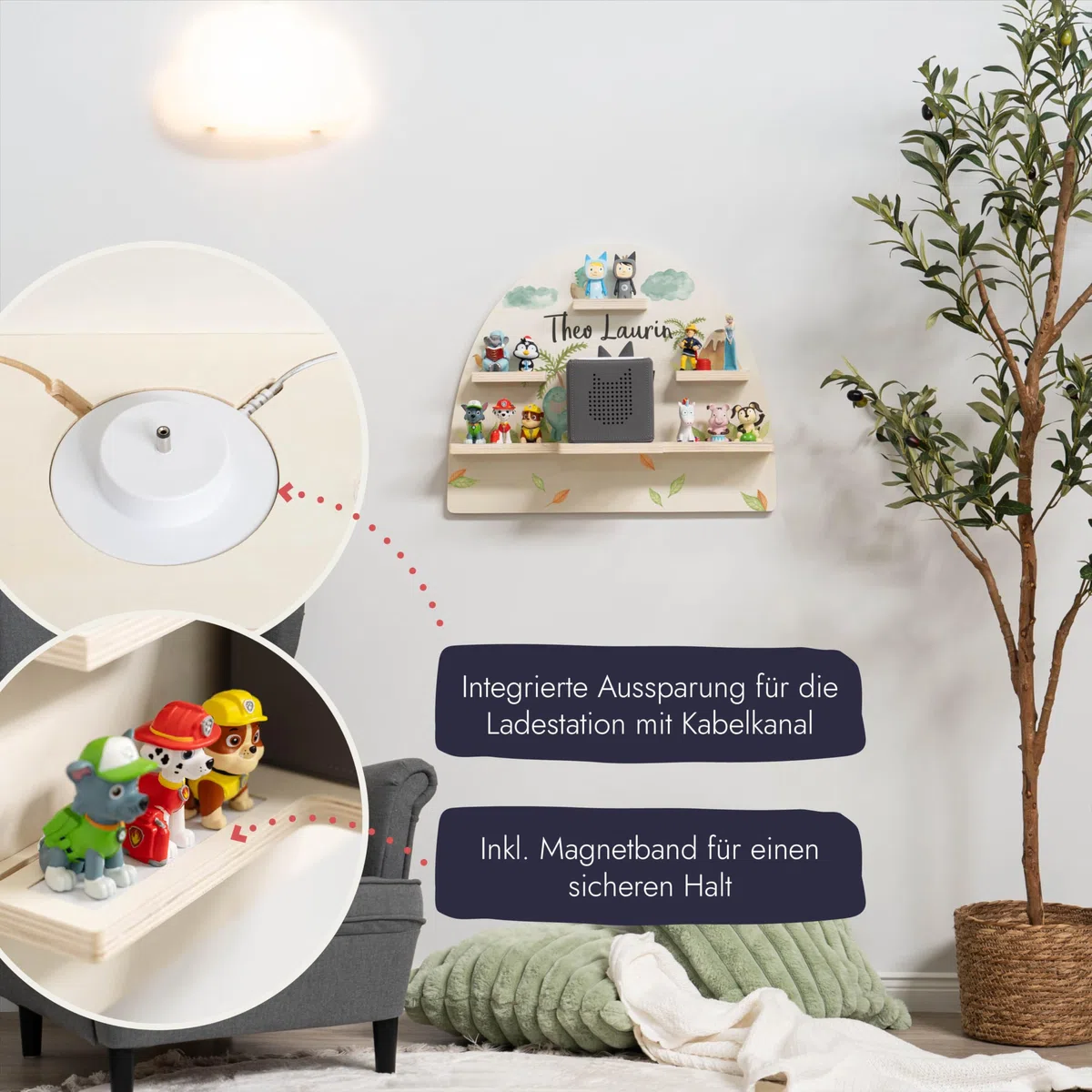 Geschenkfreude Personalisiertes Toniebox Regal für Kinderzimmer - Kinder Wandregal für Tonie Hörfiguren - Magnetisches Tonie Wandregal zur aufbewahrung von Tonieboxen und Figuren – Dino