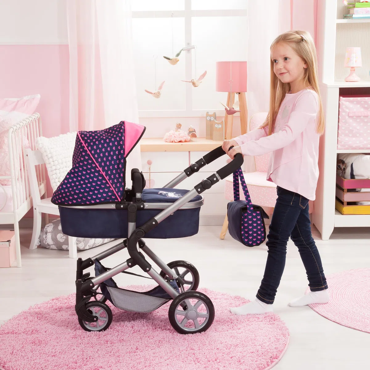 Bayer Design 18154AA City Neo Puppenwagen mit Wickeltasche und Einkaufskorb / umwandelbar in einen Sportwagen / höhenverstellbar / Design: Herzchen, Einhorn / dunkelblau, pink | wandelbar als Puppenjogger, verstellbarer Griff, schwenkbare Vorderräder, int