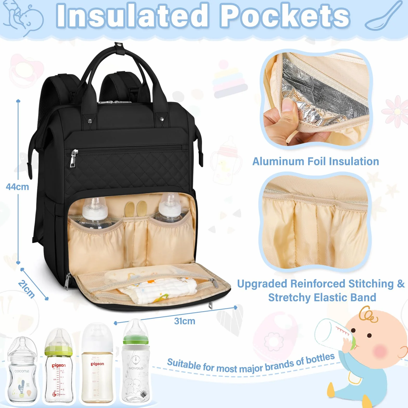 RAINSMORE Baby Wickelrucksack Groß mit Mobiler Wickelauflage Multifunktions Wickeltasche Kinderwagen Rucksack Wasserabweisend Babytasche Diaper Bag für Mama und Papa Schwarz