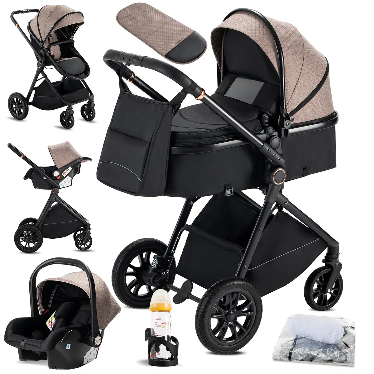 Kinderwagen 3 in 1, Zusammenklappbar kinderwagen Komplettset Becherhalter, Moskitonetz, Fußabdeckung Für Baby Erstausstattung Neugeborene(Khaki)