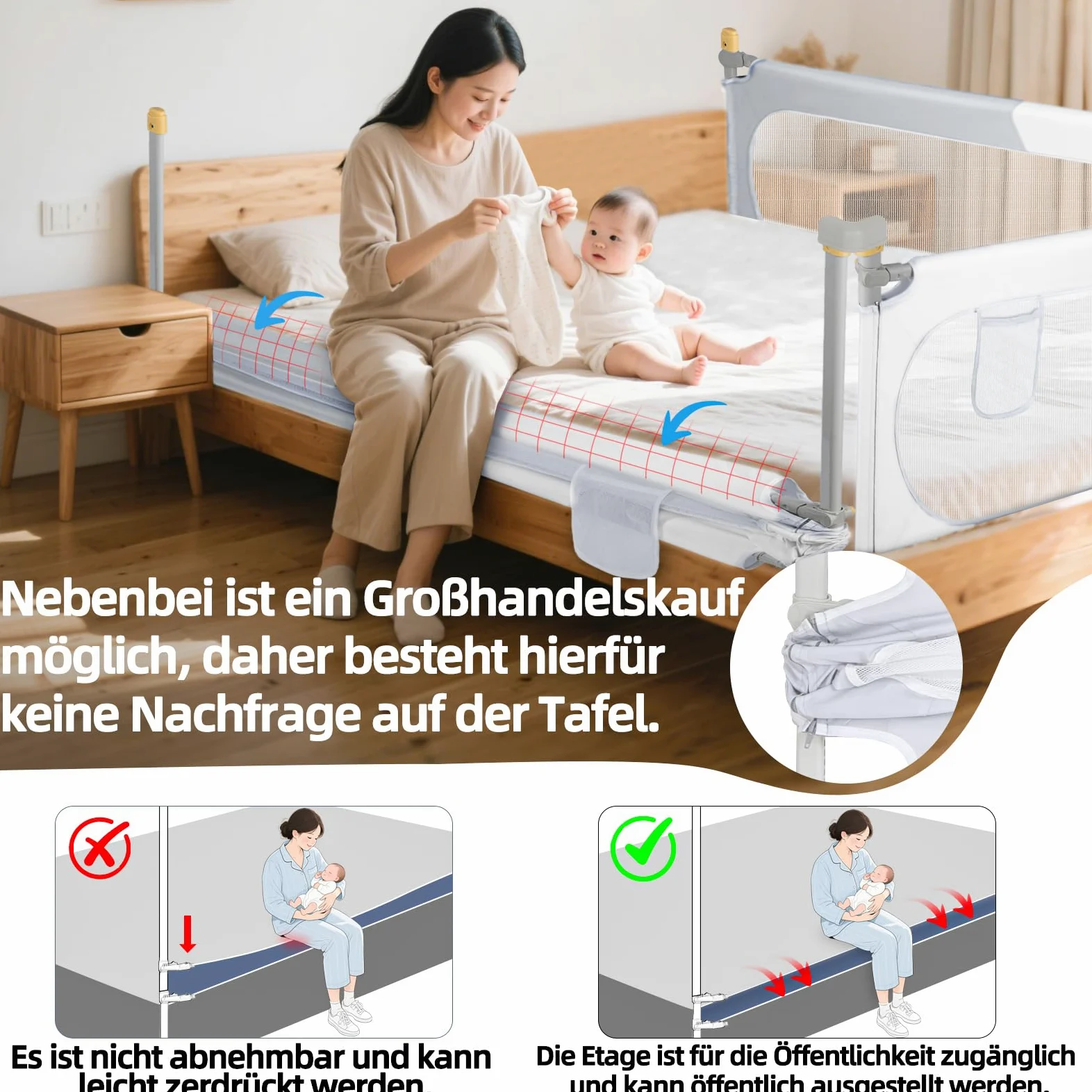 OUUTMEE 200cm Bettschutzgitter Bett Rausfallschutz Kinder Klappbar Rausfallschutz 30 Fach Höhenverstellbar Bettgitter,Grau-Weißes Farbblockmuster