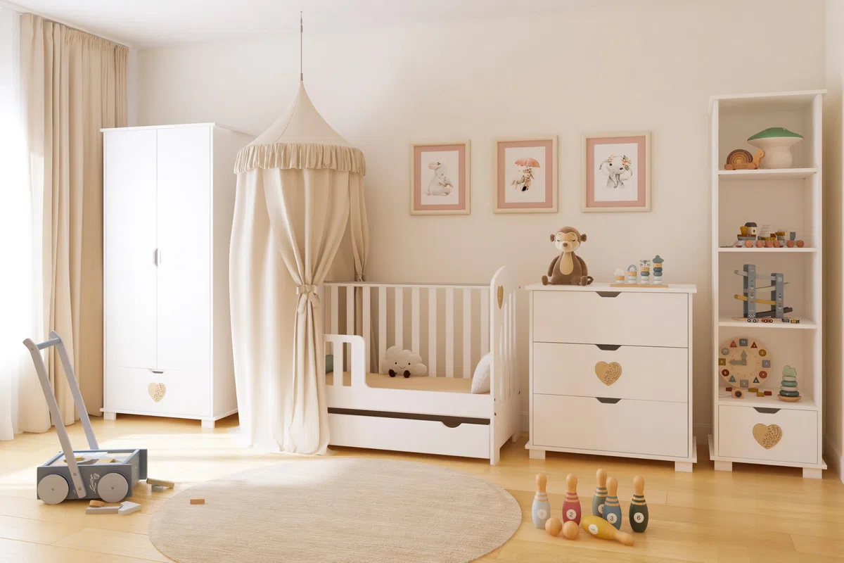 Heart Babyzimmer Set Weiß 2in1 Babybett 120x60 mit Schublade Umbaubar zum Juniorbett + Wickelkommode mit Wickelaufsatz Skandinavisches Design Herz Natur