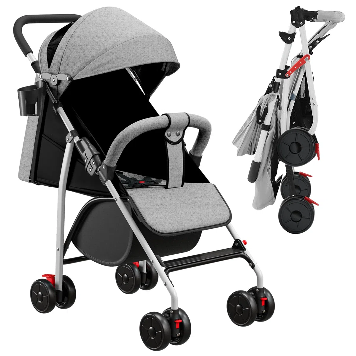 OHMG Buggy Kinderwagen ab 6 Monate bis 4 Jahre,stroller,Baby Sportwagen,Leichtes Kinderwagen-Buggy,PU-Räder,5-Punkt-Gurt,Faltbar,Moskitonetz,Getränkehalter,bis 22 kg (C-Grau)