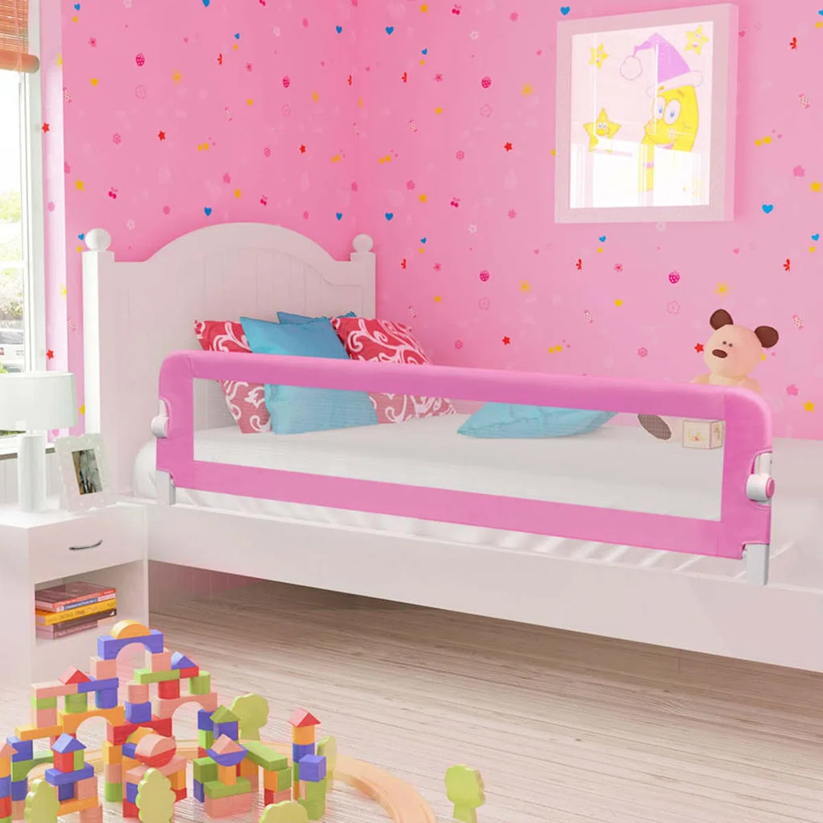 Gecheer Kleinkind-Bettschutzgitter Rosa 180x42 cm, Polyester, klappbar, waschbares Netzgewebe, Metallschlauch, Matratzen 10-20 cm, für Kinder 18 Monate bis 5 Jahre