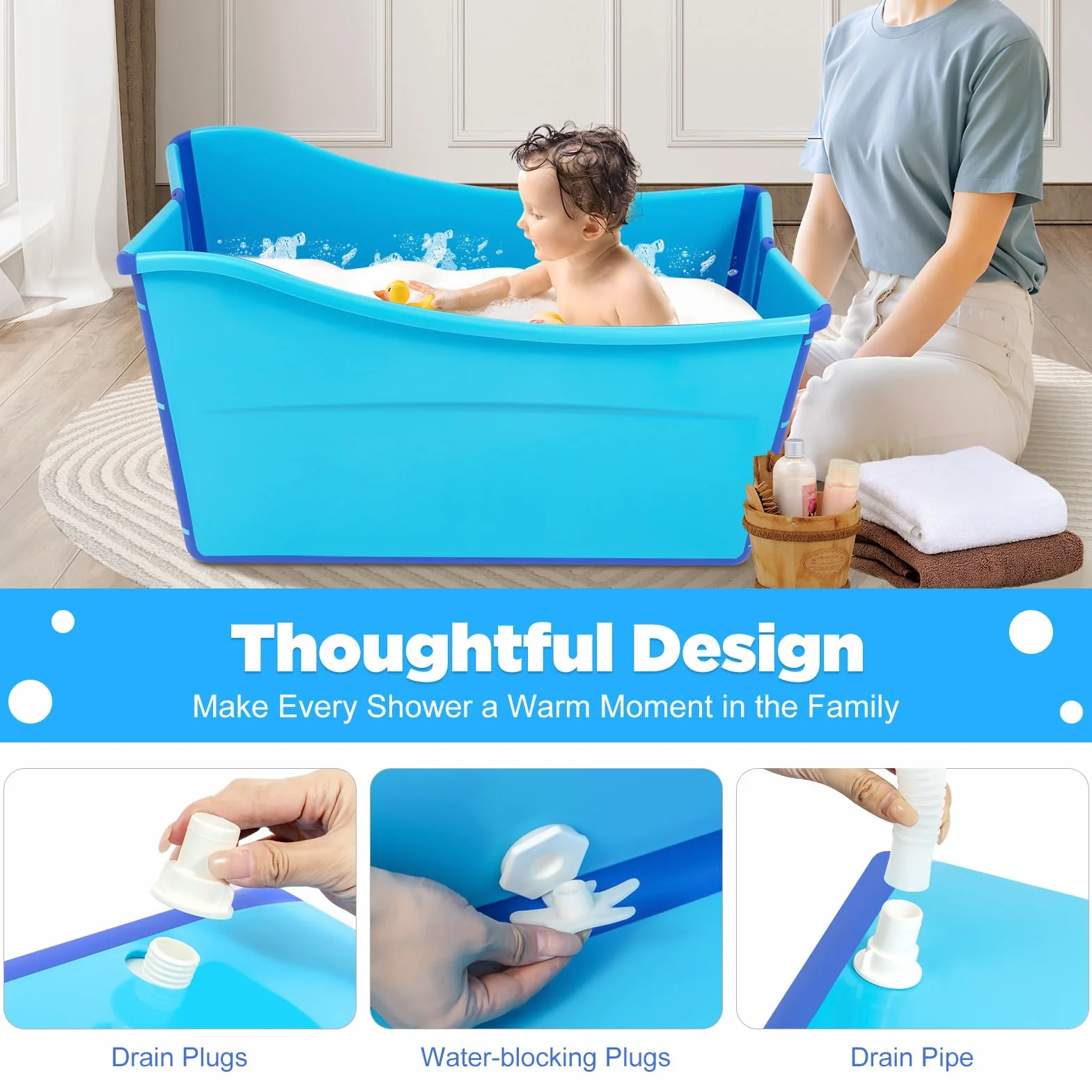 Faltbar Badewanne Klappbadewanne Baby Wasserwanne Erwachsene Faltbadewanne 98x50x56cm Blau mit Sitzkissen Ablaufschlauch
