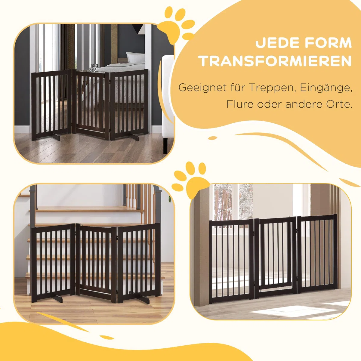 PawHut Absperrgitter Hund Freistehend Verstellbar 155 x 76 cm Dunkelbraun | Schutzgitter mit Füßen, Holz Hundegitter, Klappbar, Treppenschutzgitter, für Treppen Türen Küche Flur, 3 Paneelen