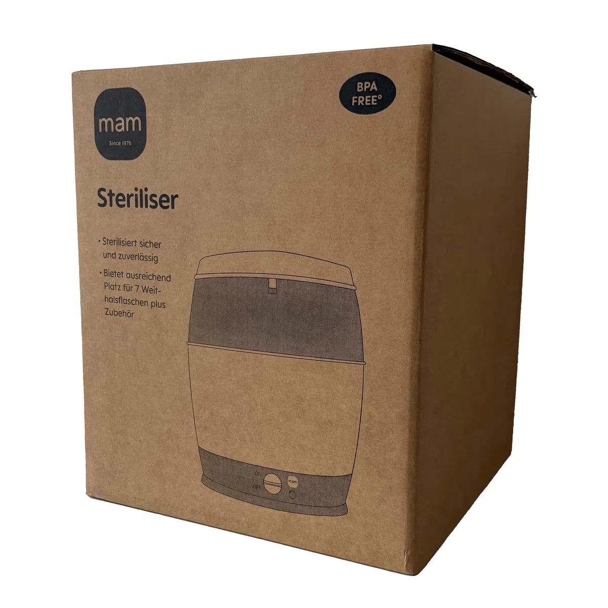 MAM Sterilisator, elektrischer Dampfsterilisator für Babyflaschen, Sauger & Zubehör, zuverlässiger Vaporisator inkl. Oberkorb und Zange, grau