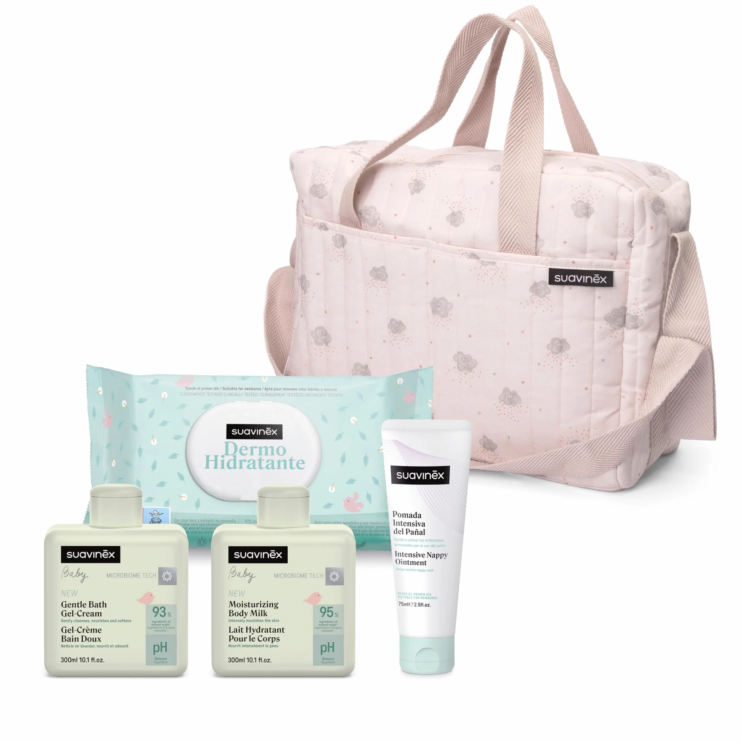 Suavinex, Baby-Wickeltasche mit Kosmetik: weiches Waschgel 300 ml + Feuchtigkeitsmilch 300 ml + Wickelcreme 75 ml + Tücher 60 Einheiten. Geschenk zur Geburt für Mädchen und Jungen, Korb für