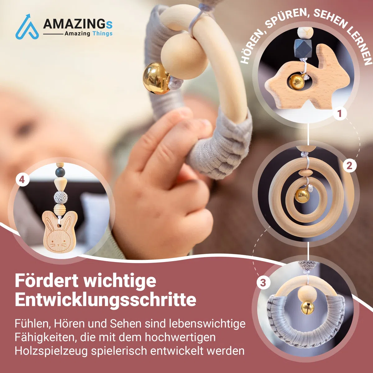 AMAZINGs Spielbogen Baby aus Holz | Nachhaltiger Spielebogen mit Tasche und Baby Spielzeug, Montessori Konzept | Spieltrapez, Activity Center