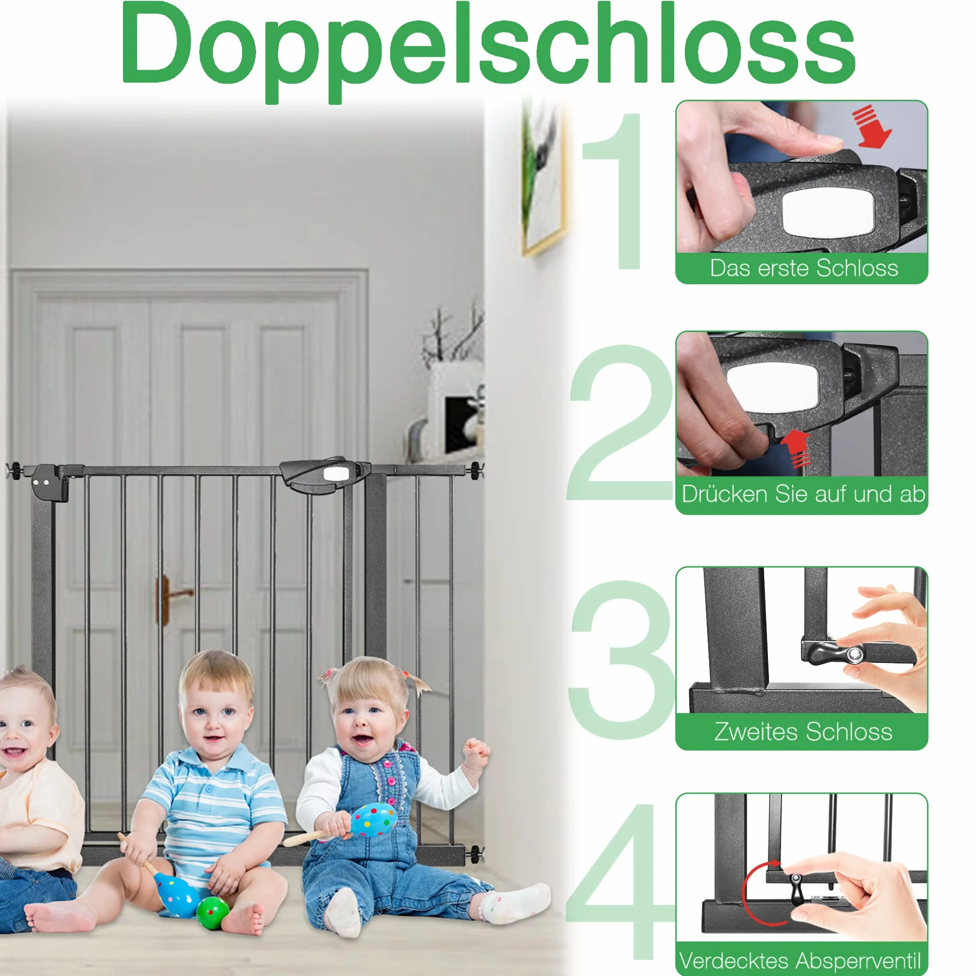 Treppenschutzgitter ohne Bohren 95-105 cm Türschutzgitter für Kinder und Haustiere Schwarz