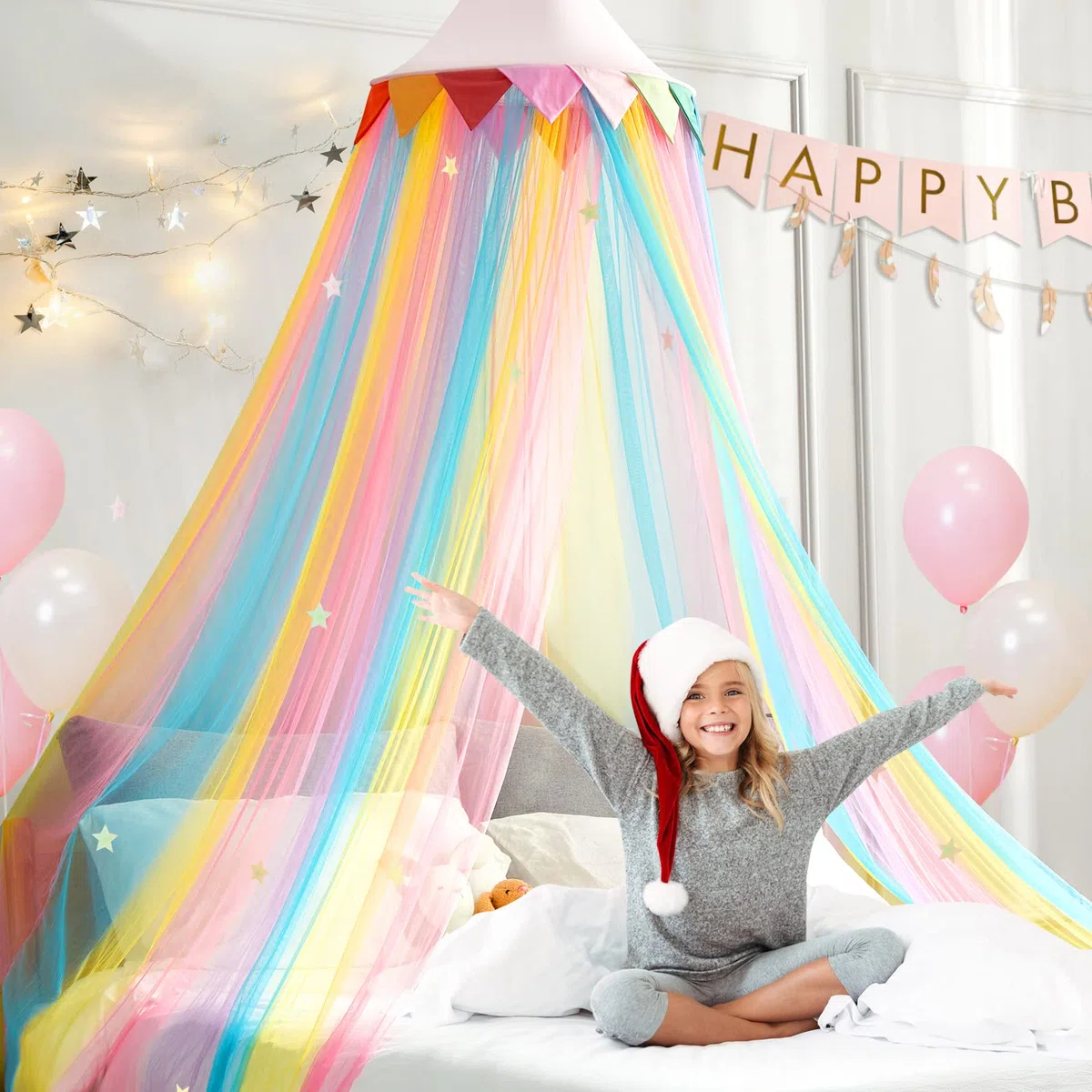 LOAOL Regenbogen-Betthimmel, Kinder-Baldachin für Prinzessin und Mädchen, Feentraumzelt Mit 28 Mehrfarbigen Sternen, Hängenetz für Schlafzimmer, Leseecken und Zimmer