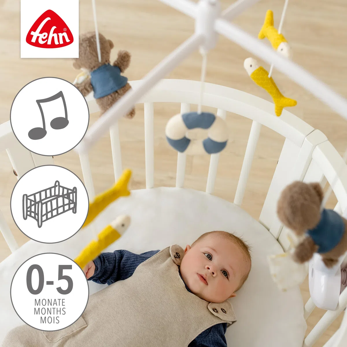 Fehn Musik-Mobile Otter Theo – Aufzieh-Mobile mit Spieluhr-Melodie „Mozarts Wiegenlied“ und Figuren zur Beruhigung & Beschäftigung – Mit Bett-Befestigung für Babys von 0-5 Monaten