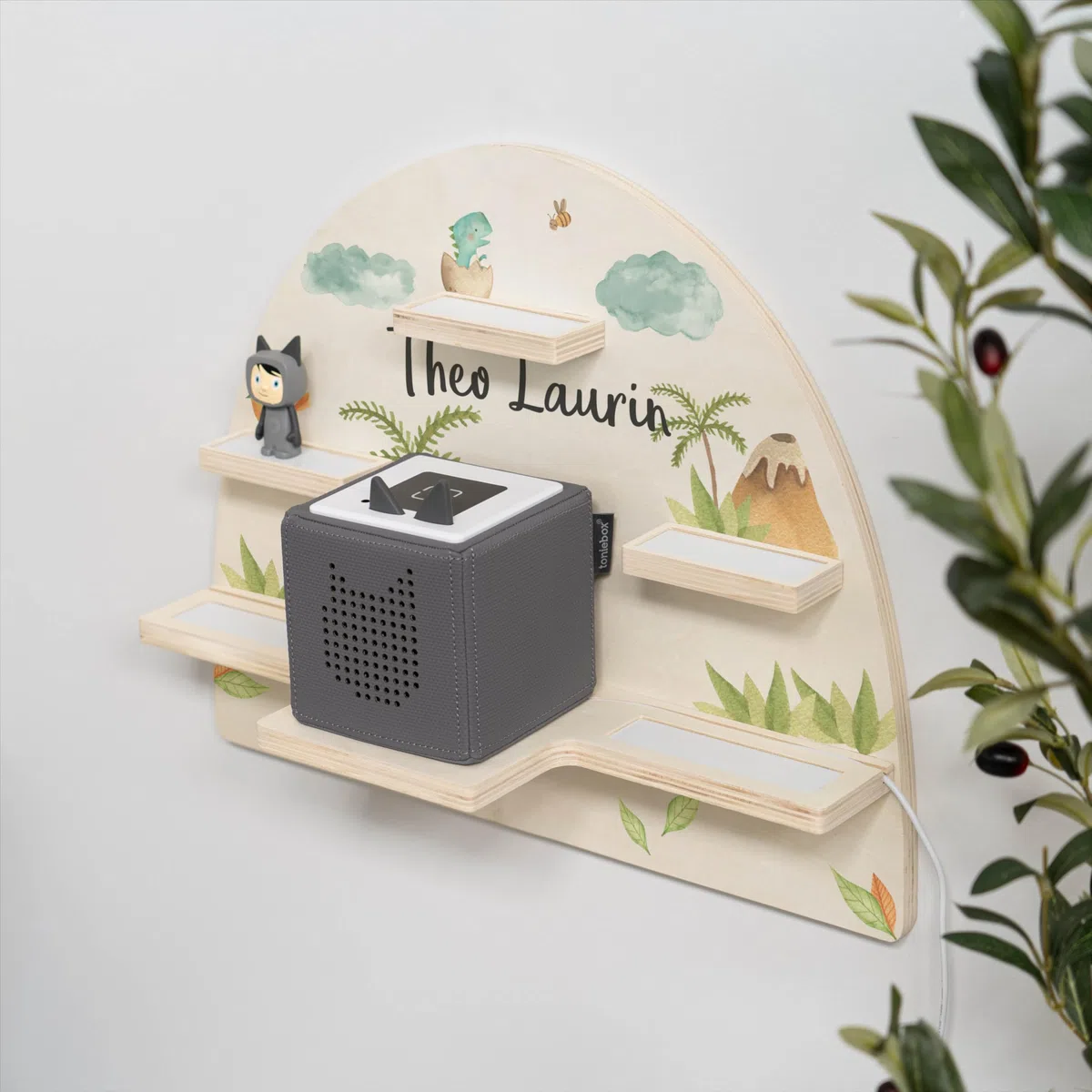 Geschenkfreude Personalisiertes Toniebox Regal für Kinderzimmer - Kinder Wandregal für Tonie Hörfiguren - Magnetisches Tonie Wandregal zur aufbewahrung von Tonieboxen und Figuren – Dino