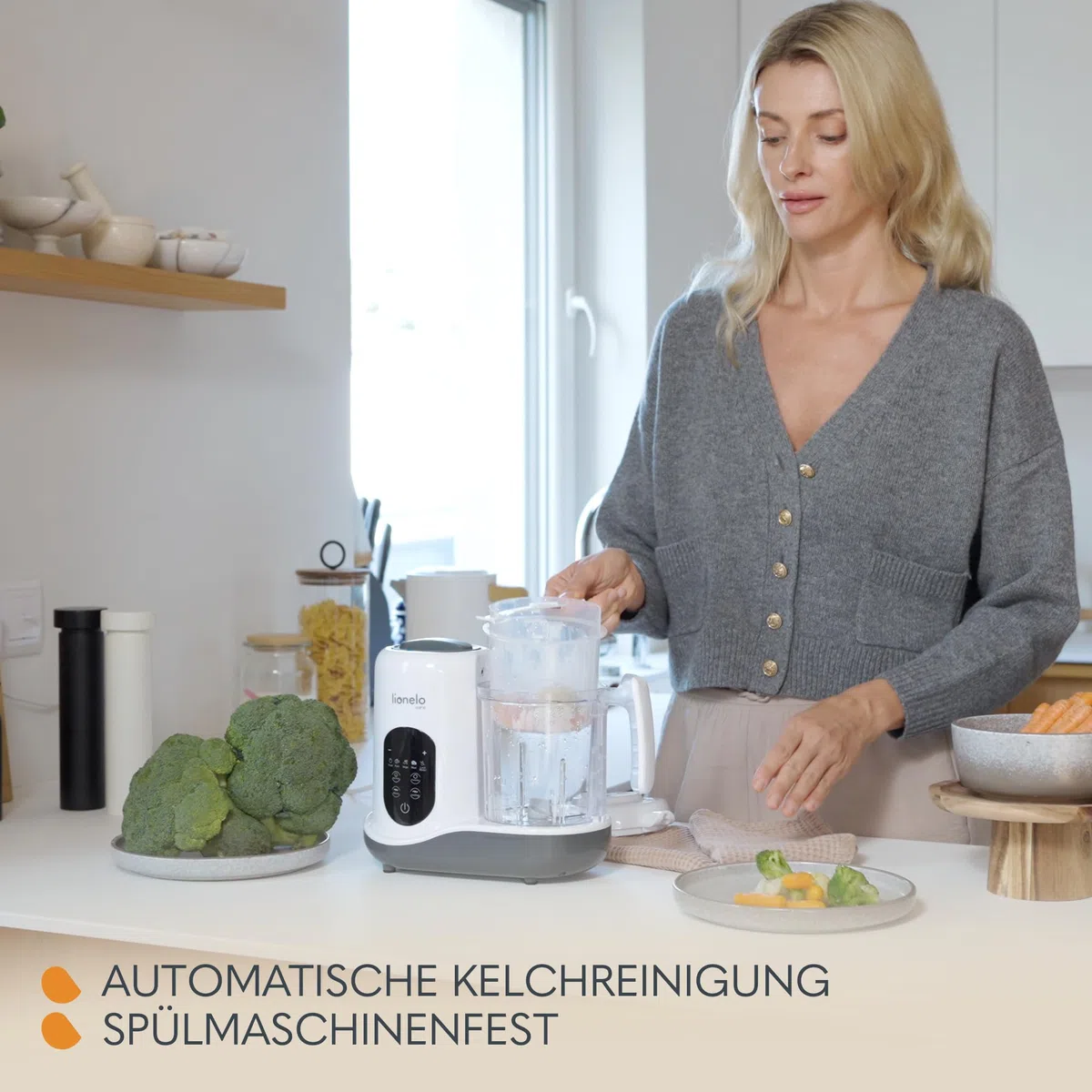 LIONELO BABYMENU Küchenmaschine zur Zubereitung von Babynahrung | 4 Programme Dämpfen, Mixen, Erhitzen, Auftauen, Online-Rezepte, Weiß