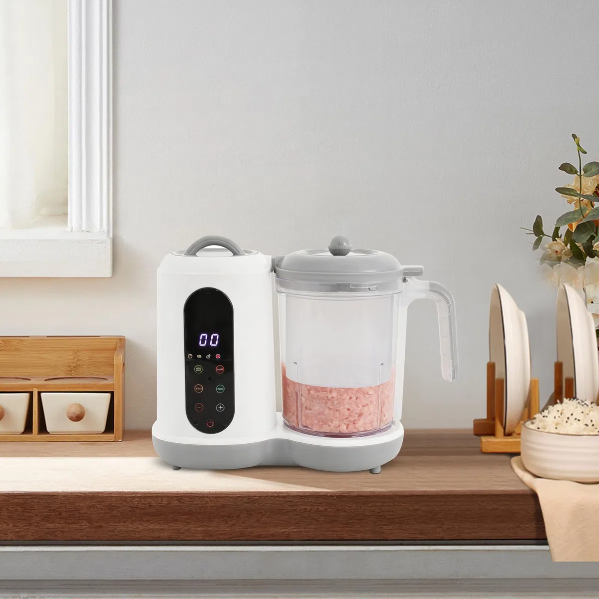 Multifunktions Mixer für Babynahrung, Gemüse und Obst, 450W Babynahrungszubereiter Dampfgarer & Zerkleinerer, 400ml Kapazität, Ideal für Familien, Kindergarten & Küche, Weiß
