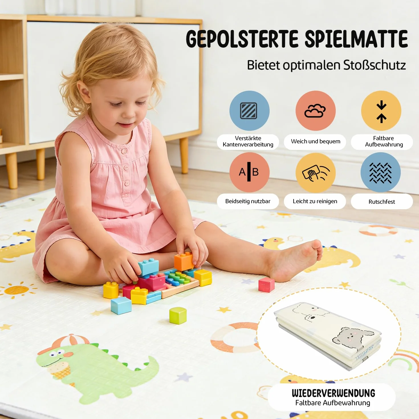 Laufstall Baby 120x120 mit Matratze, Laufgitter mit 360°Atmungsaktivem Netz, Oxford-Stoff, Rutschfester Basi, Sicher Aktivitätszentrum für Kinder, 60Ozeanbälle/4 Zugringen, Grauer Dinosaurier