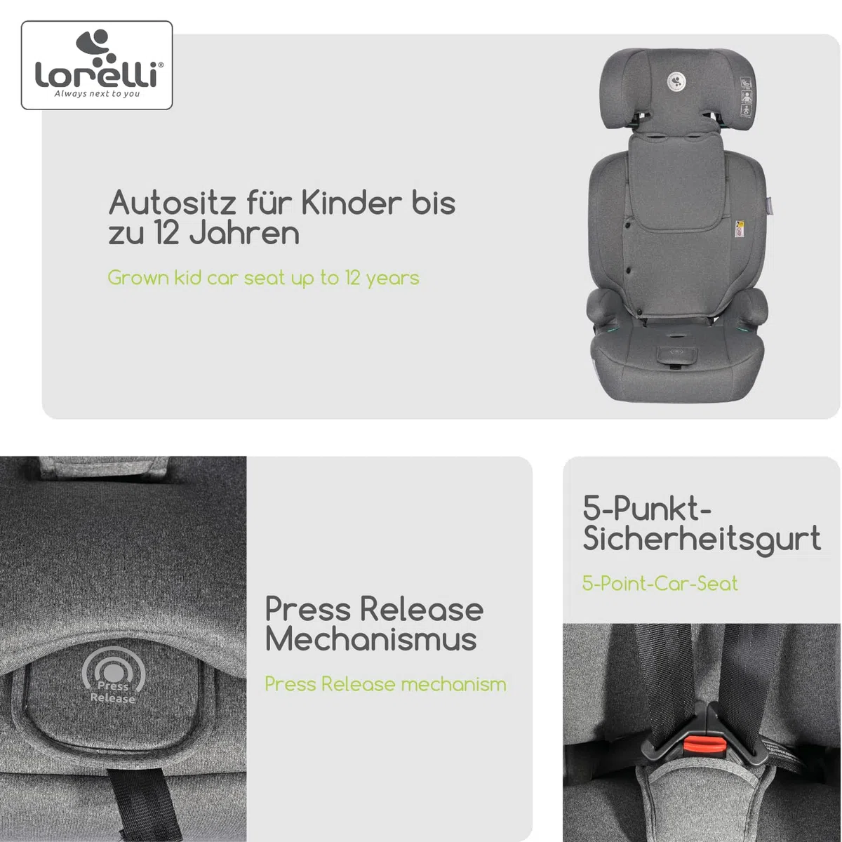Lorelli Auto Kindersitz Colombo i-Size, mitwachsender Autositz für Kinder von 76-150 cm, Babysitz, Autokindersitz, Einstellbare Kopfstütze, 5-Punkt-Sicherheitsgurt, gelb