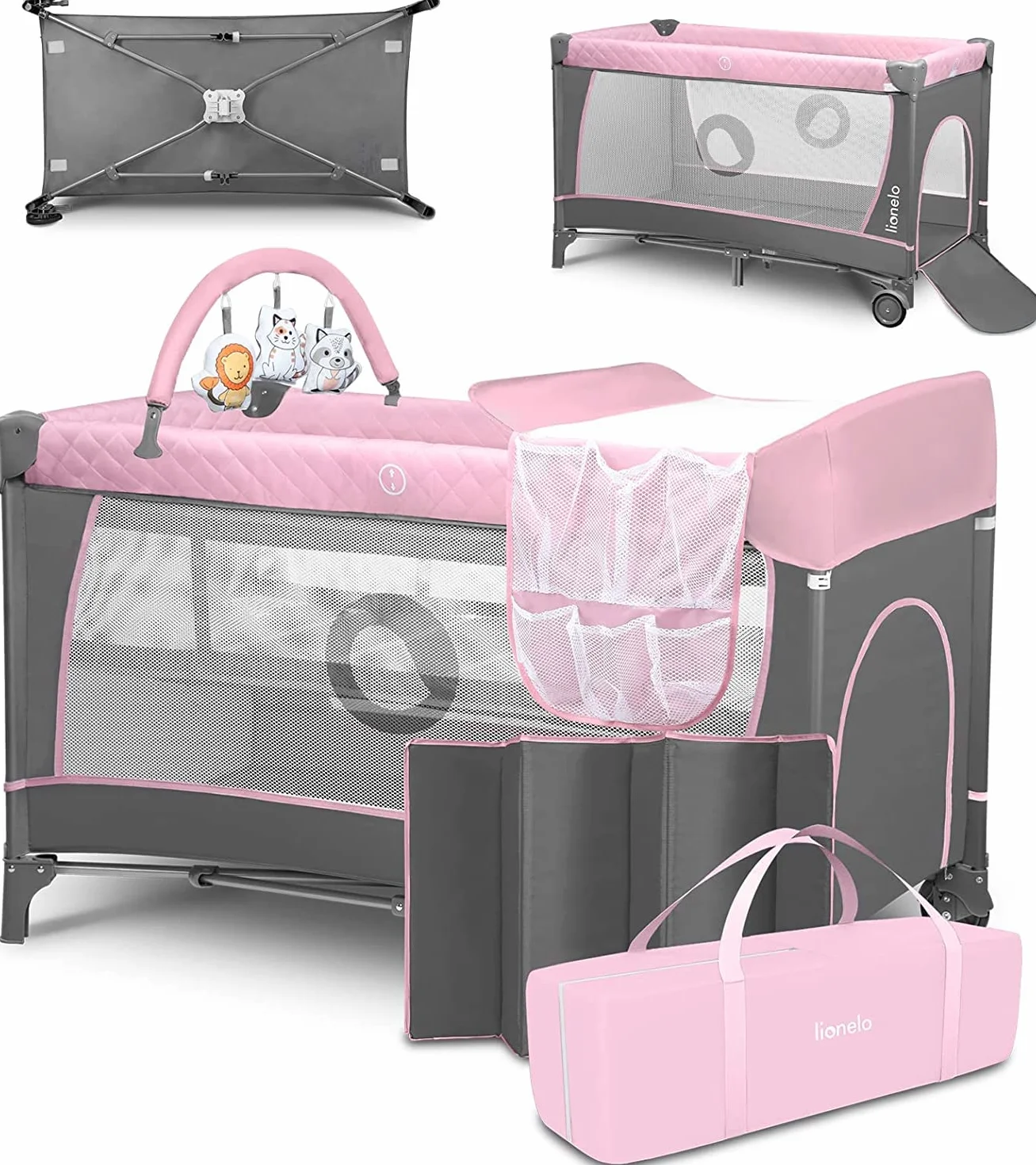 Lionelo Flower 4in1 Reisebett Baby mit Seiteneingang, Wickeltisch, Zwei Matratzenaufhängungshöhen, Spielzeugbogen mit Spielfiguren, Rollen, Tragetasche