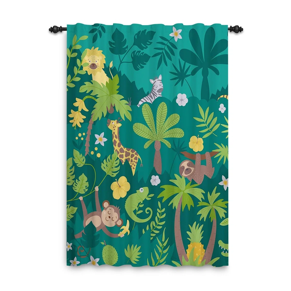 Dschungel-Safari-Vorhänge mit Bleistiftfalten Tiere Wald Tropisch Bunter Cartoon-Zoo Fenstervorhang für Kinderzimmer Spielzimmer Türvorhang innen Schlaufe hinten 135x245 cm 1 Stück