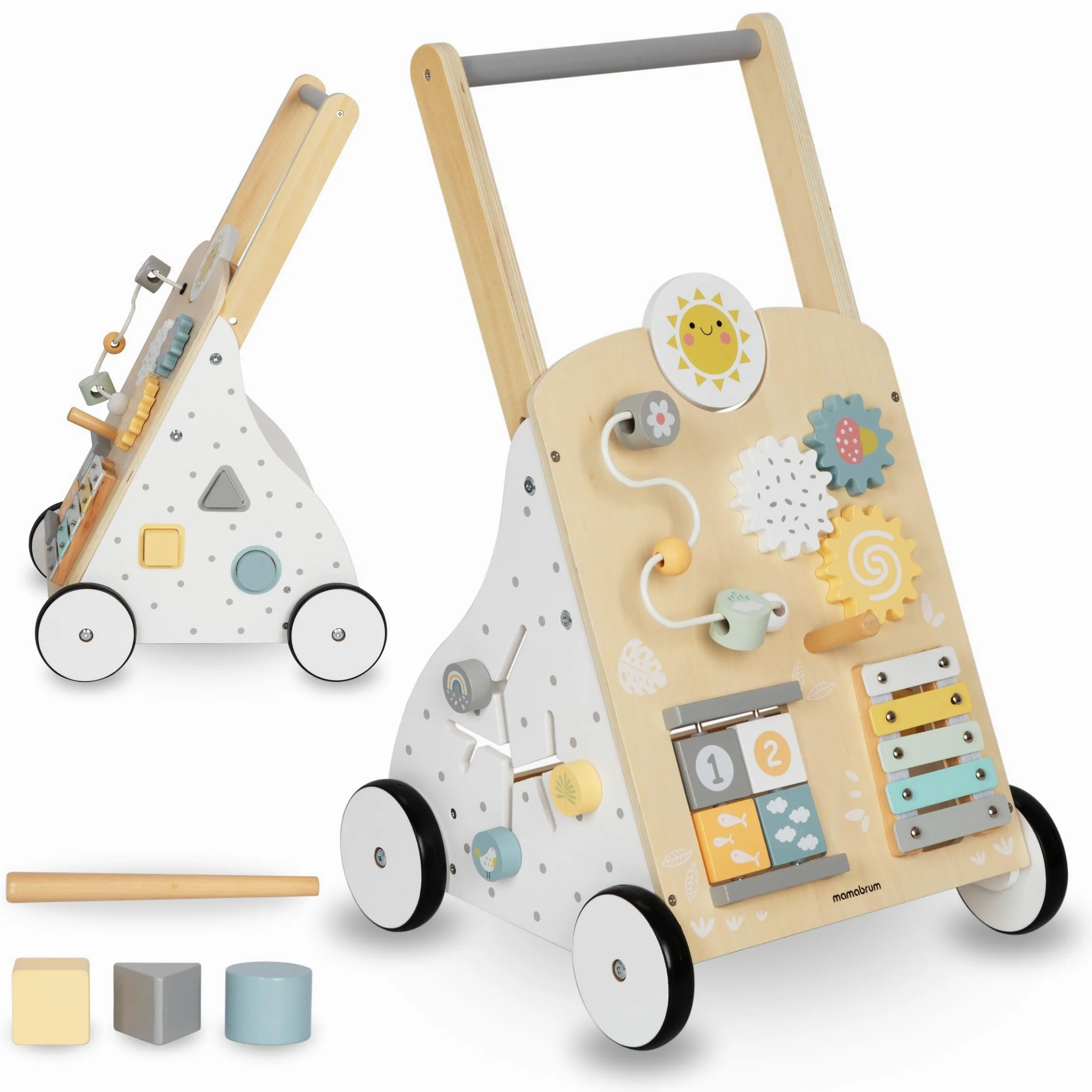 Mamabrum Lauflernwagen aus Holz mit Multifunktionalem 8in1 Spielcenter – Motorikspielzeug für Kleinkinder, Stabile Konstruktion, Xylophon und Zahnräder