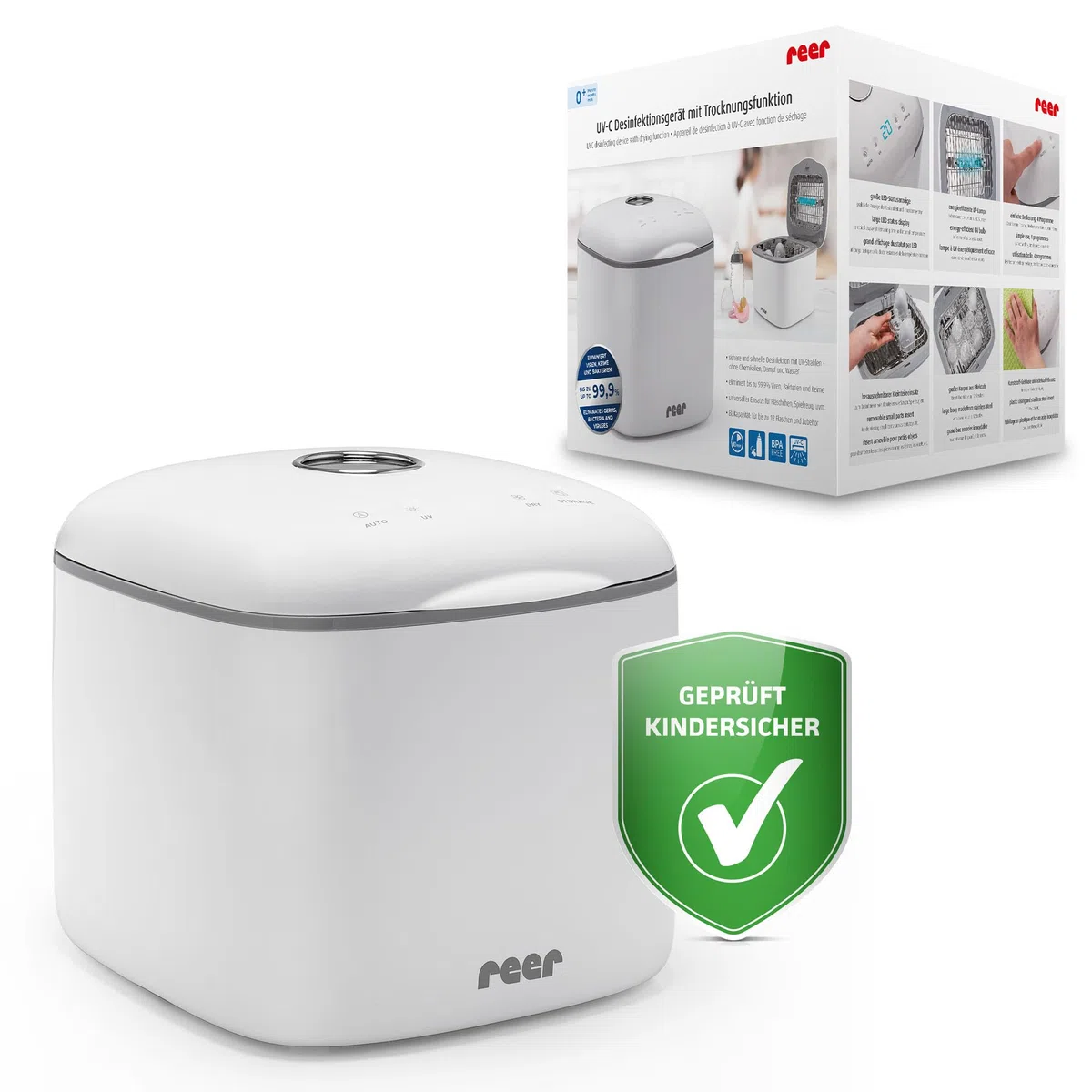reer UV-C Desinfektionsgerät mit Trocknungsfunktion | Sterilisator für Babyflaschen und Baby Zubehör | Flaschensterilisator