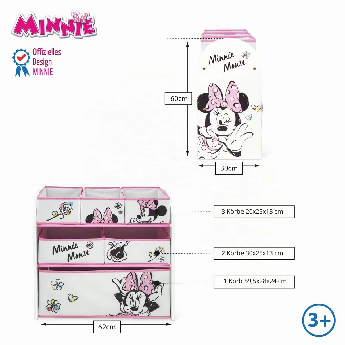 ARDITEX – Organizer aus Holz mit 6 Textilboxen mit Minnie-Mouse-Motiv von Disney – 62x30x60 cm – Farbe Schwarz-Weiß – Perfekt zum Aufbewahren von Spielzeug im Kinderzimmer